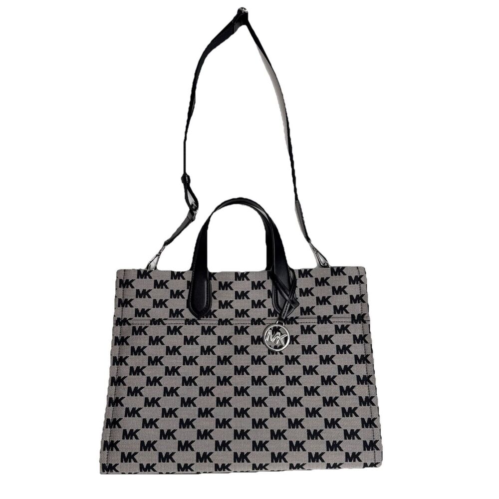 Michael Kors Gigi Large Logo Jacquard Tote Bag Crossbody Strap Black Gray NWT